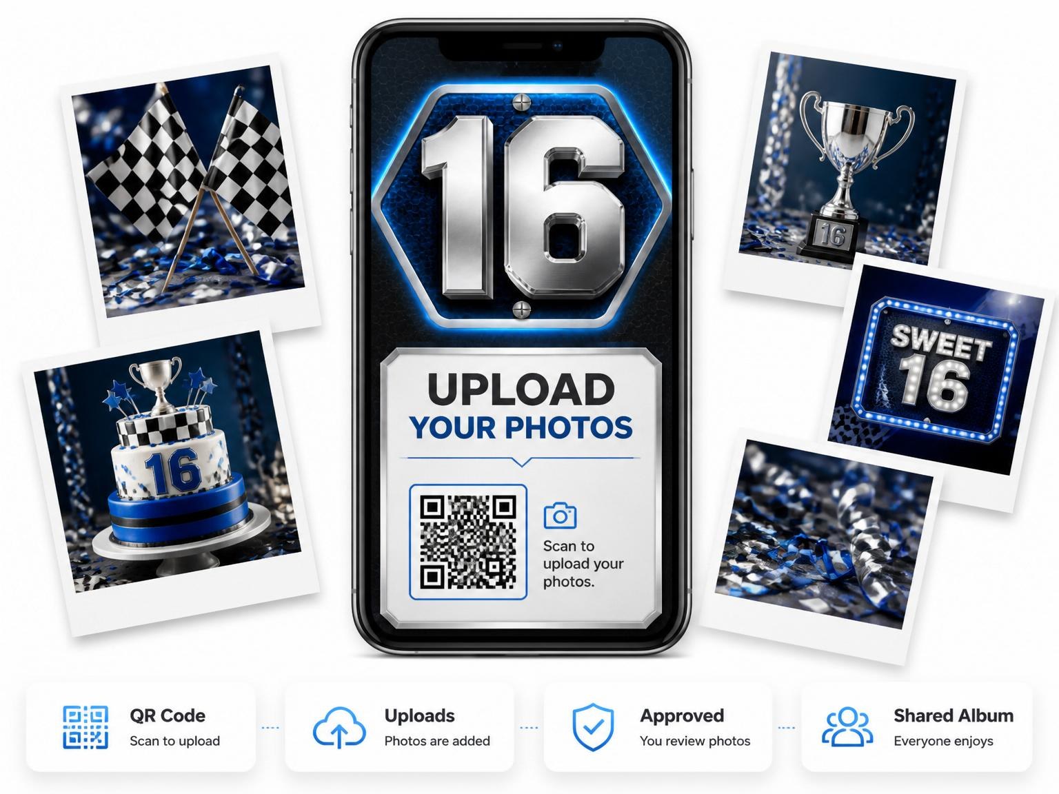 The shared photo gallery that comes with the Chrome Road Sign Sweet 16 invitation