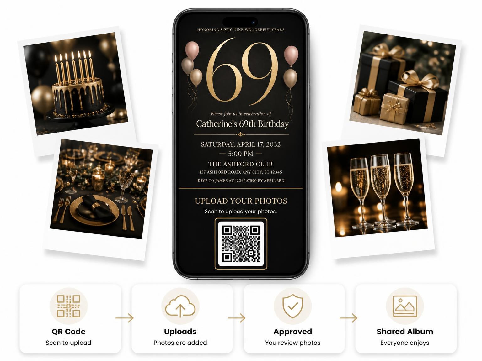 The shared photo gallery that comes with the Charcoal and Blush 69th Birthday Invitation invitation