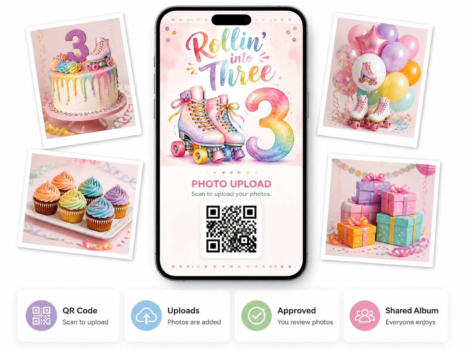 The shared photo gallery that comes with the Pastel Roller Skate 3rd Birthday invitation
