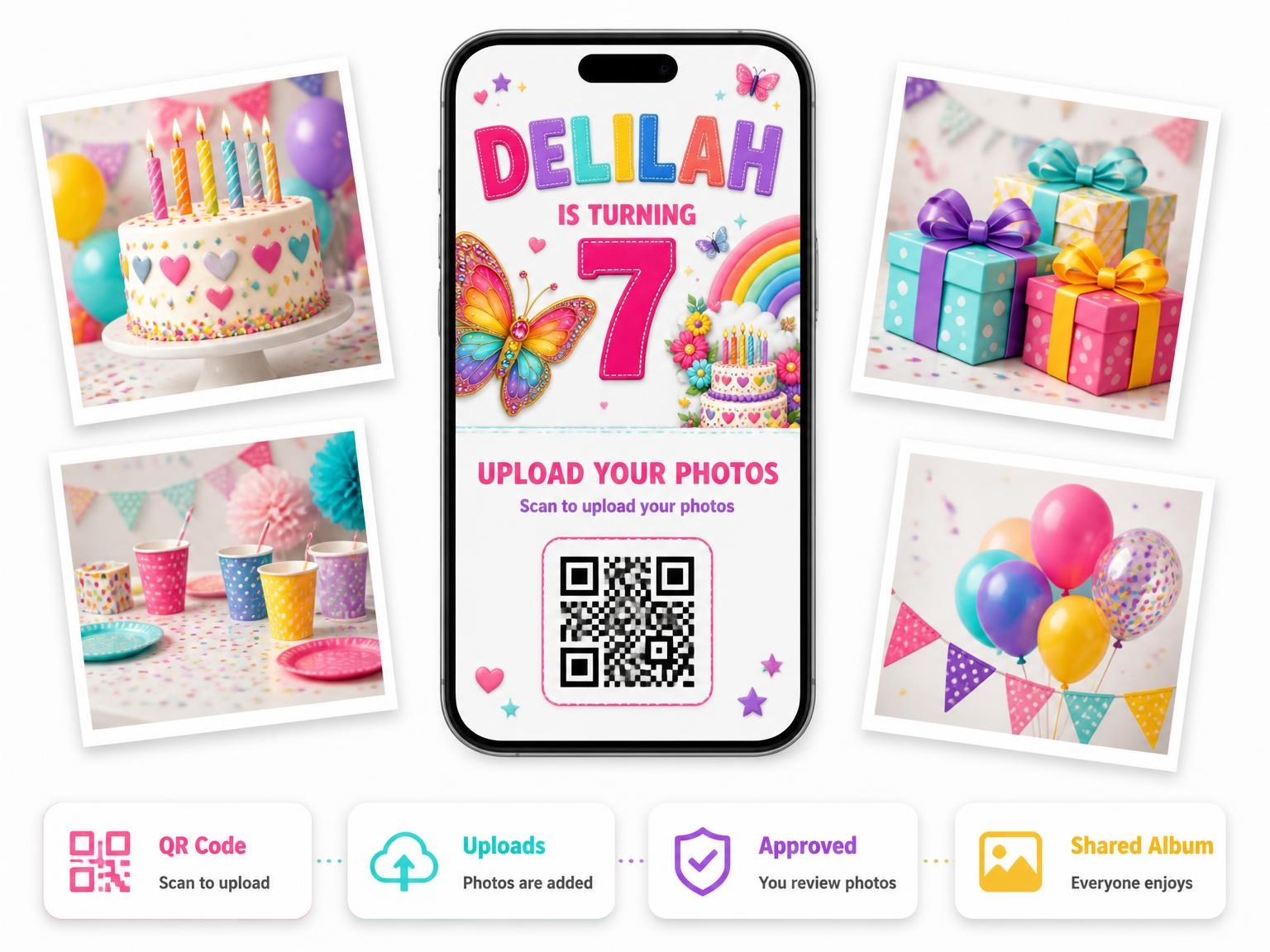 The shared photo gallery that comes with the Stitched Rainbow Butterfly 7th Birthday Invitation invitation