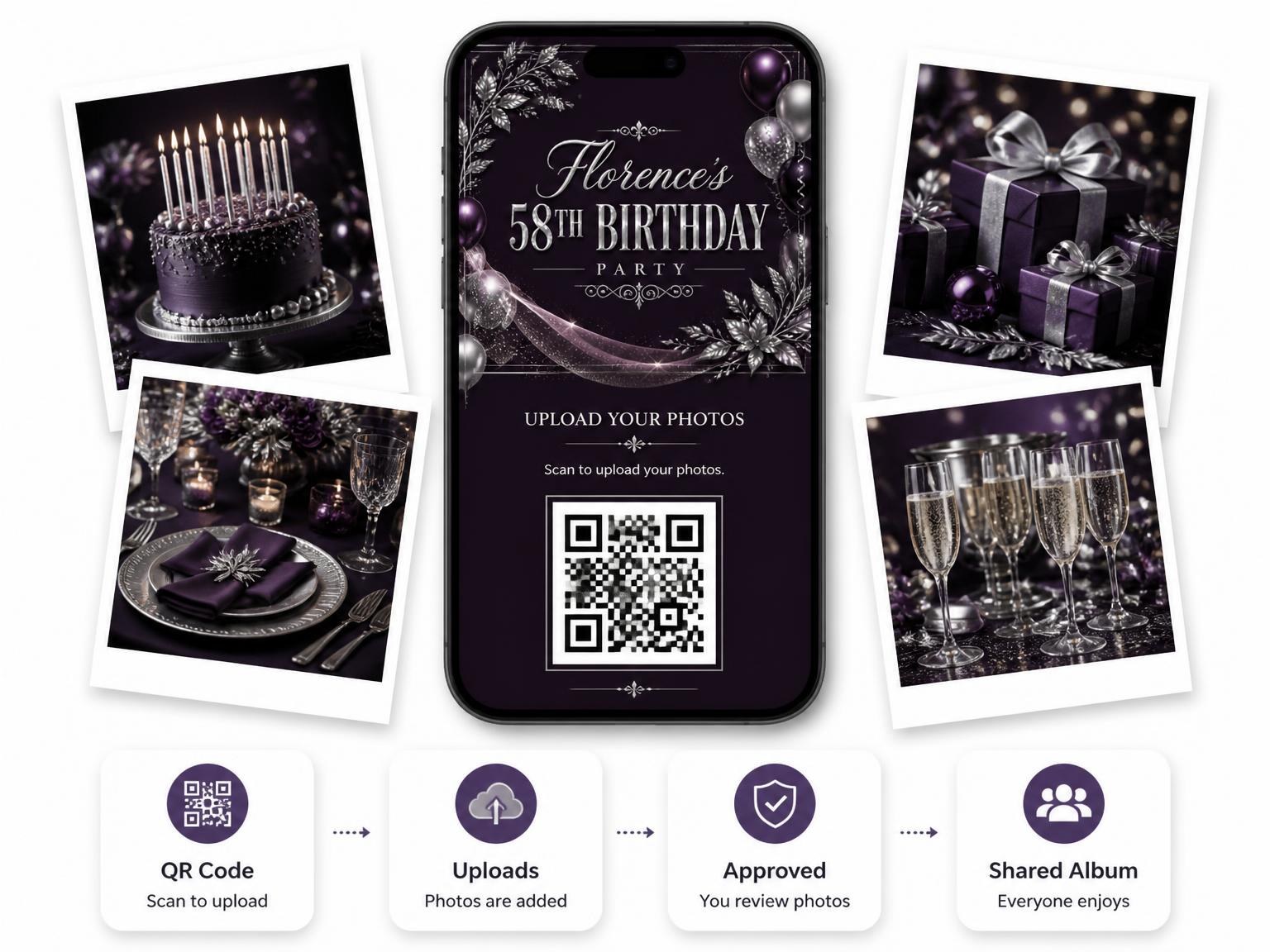 The shared photo gallery that comes with the Plum and Silver 58th Birthday Invitation invitation