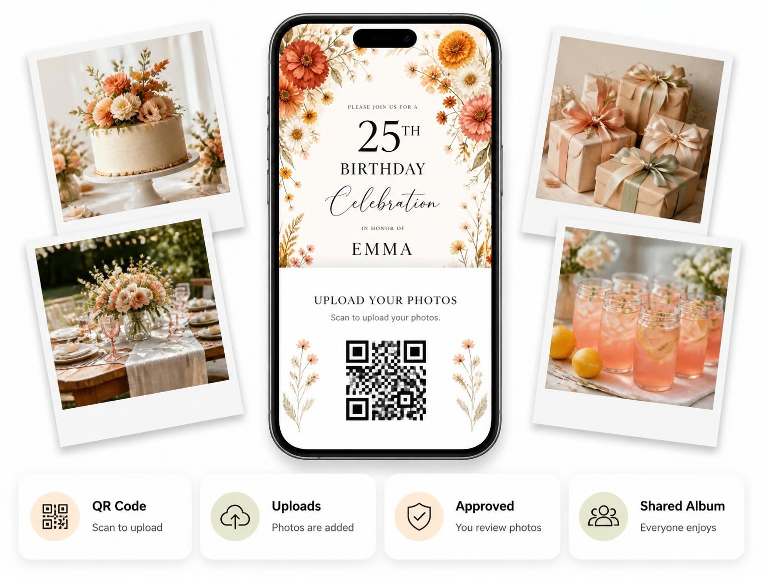 The shared photo gallery that comes with the Terracotta Zinnias 25th Birthday Invitation invitation