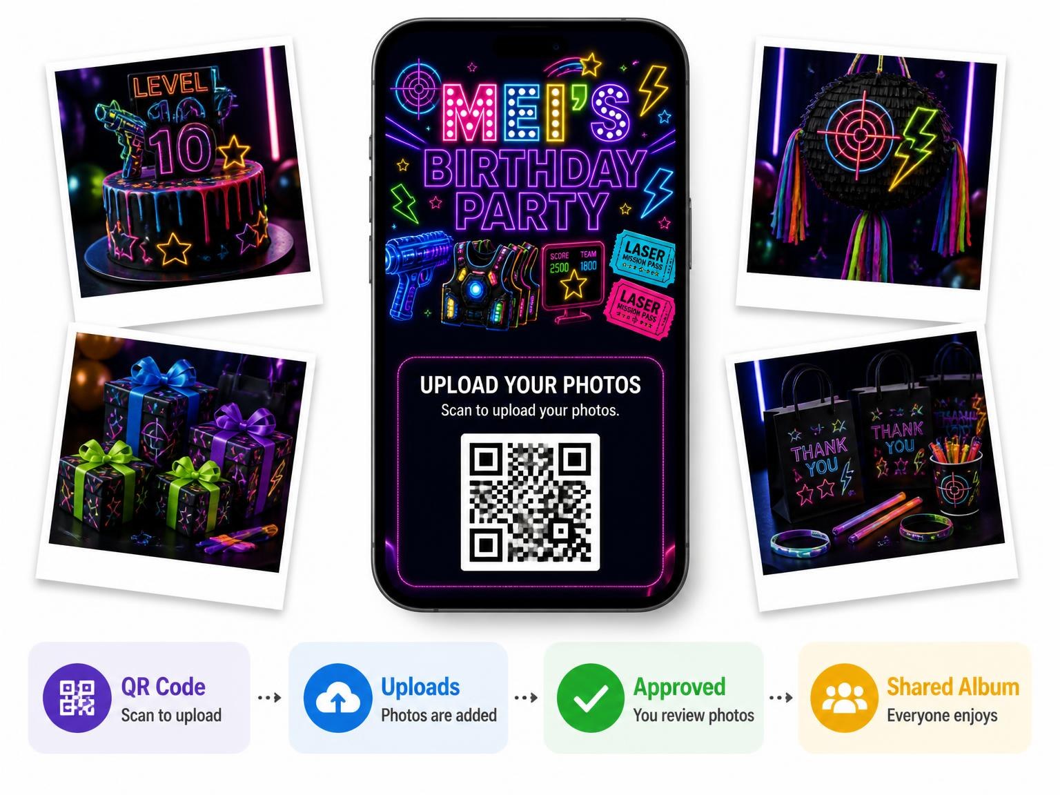 The shared photo gallery that comes with the Neon Laser Tag 10th Birthday Invitation invitation