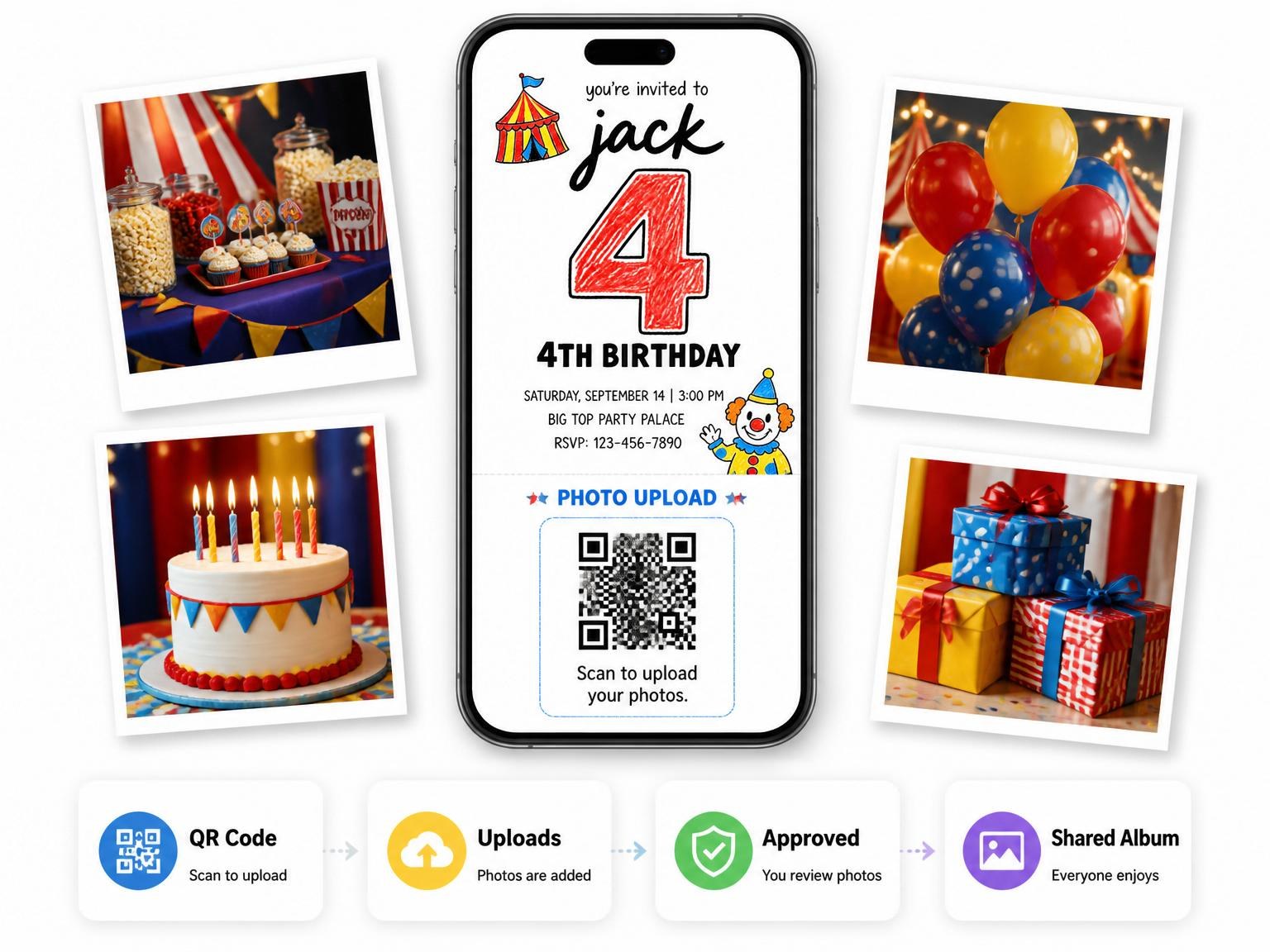 The shared photo gallery that comes with the Crayon Circus Tent 4th Birthday invitation
