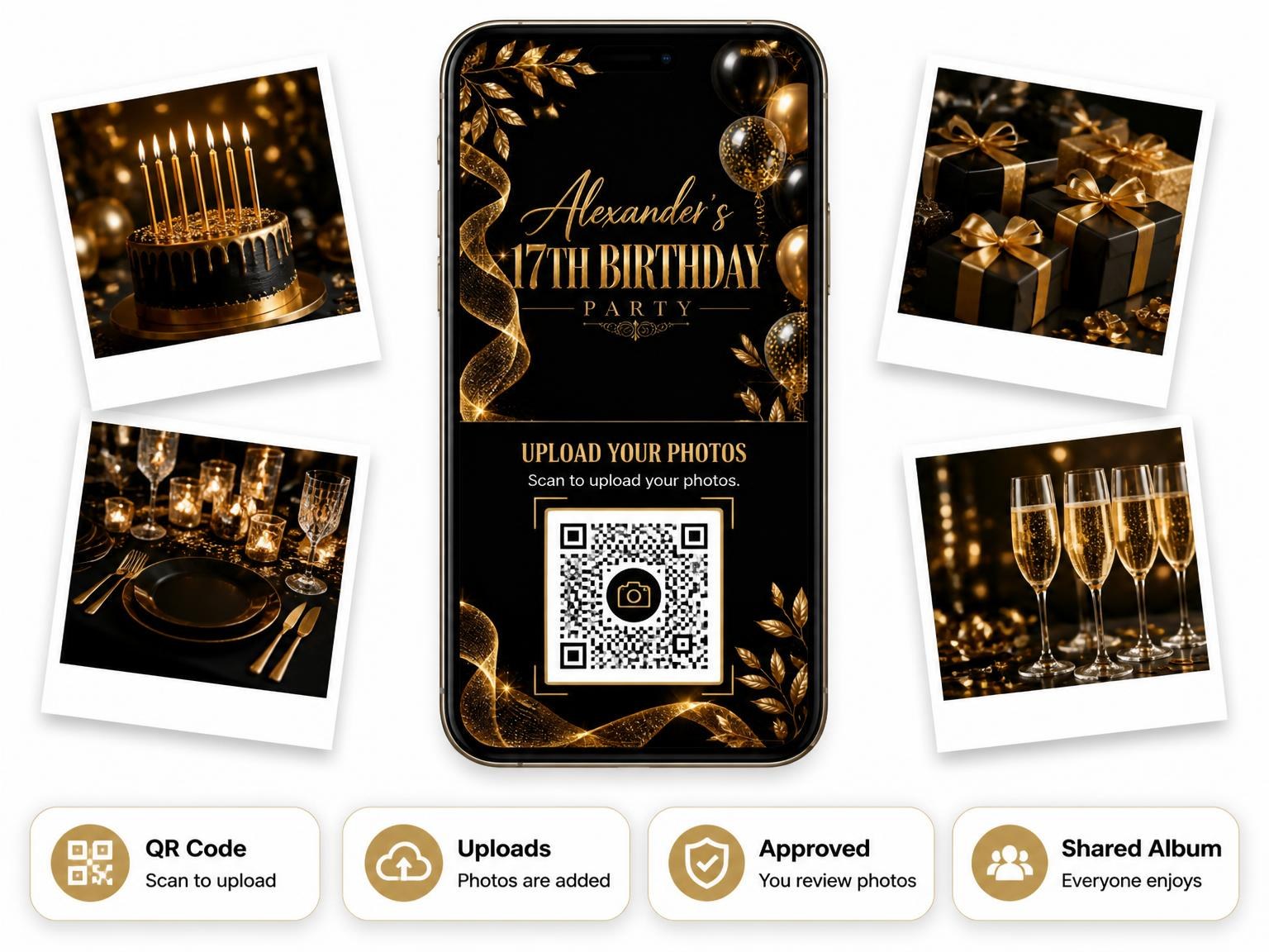 The shared photo gallery that comes with the Black and Gold 17th Birthday Invitation invitation