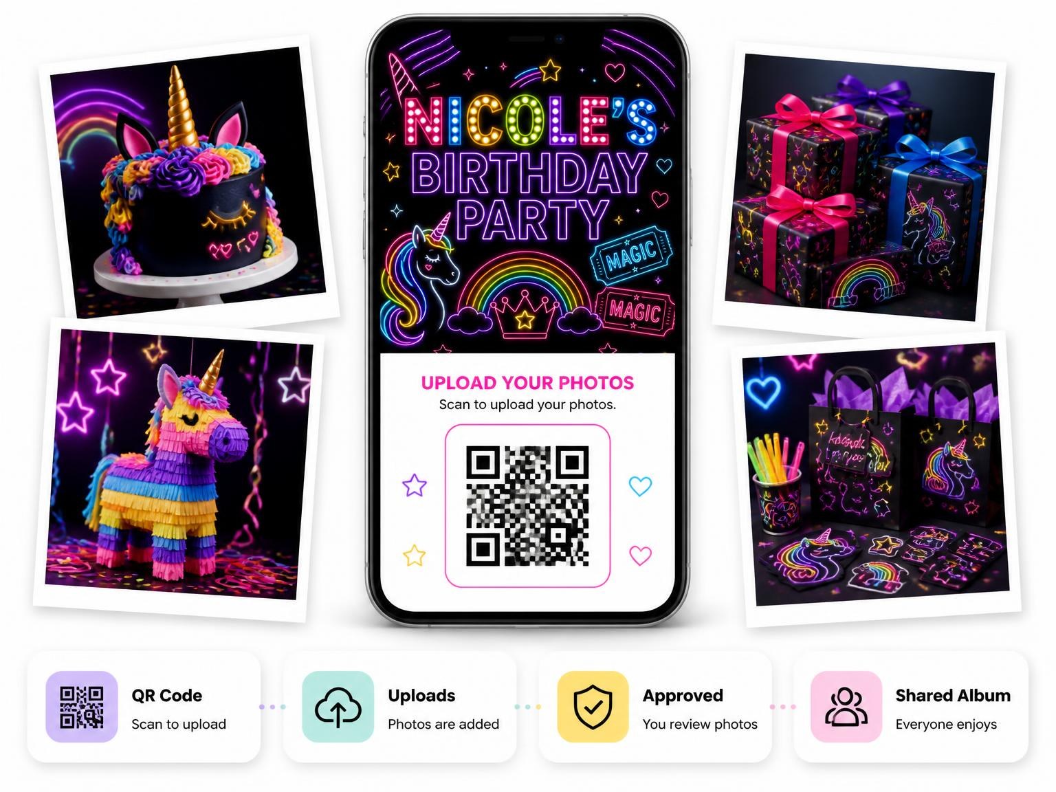 The shared photo gallery that comes with the Neon Unicorn 25th Birthday Invitation invitation