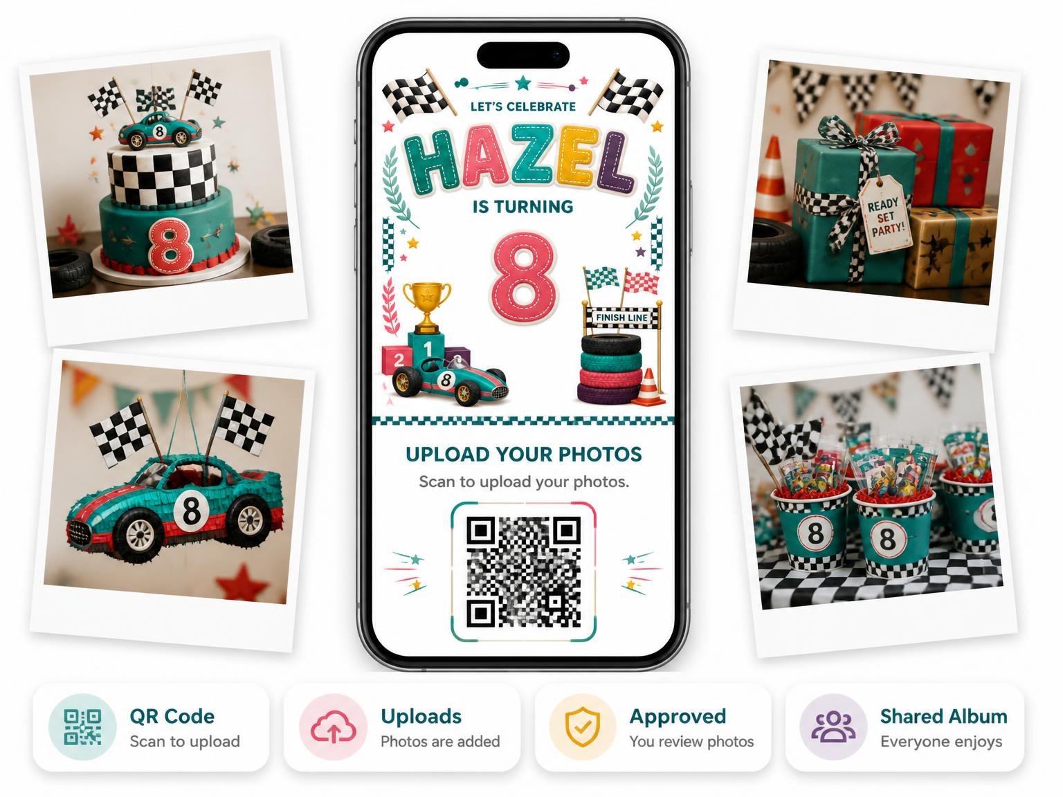 The shared photo gallery that comes with the Stitched Race Car 8th Birthday Invitation invitation
