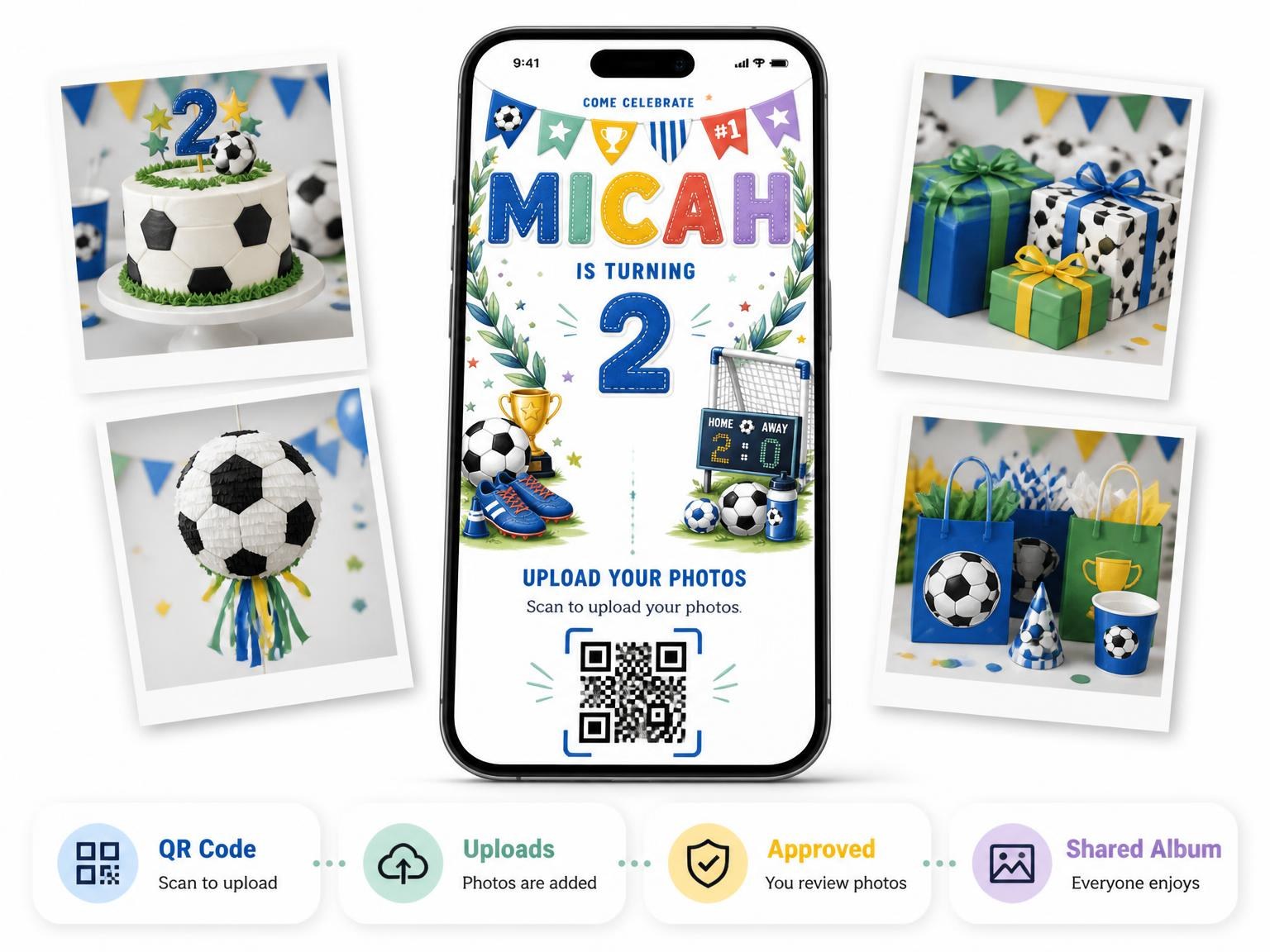 The shared photo gallery that comes with the Stitched Soccer 2nd Birthday Invitation invitation