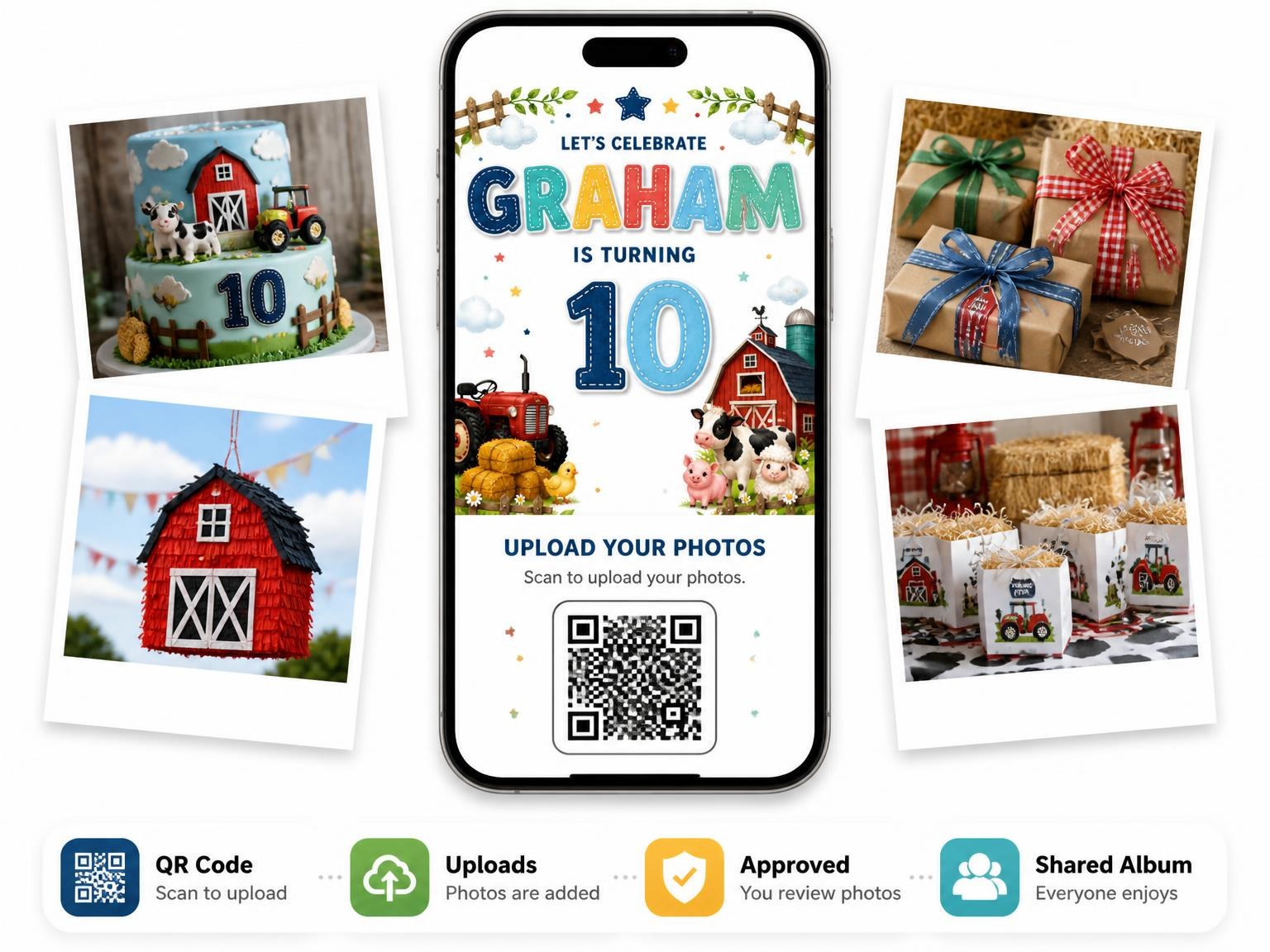 The shared photo gallery that comes with the Stitched Farm 10th Birthday Invitation invitation
