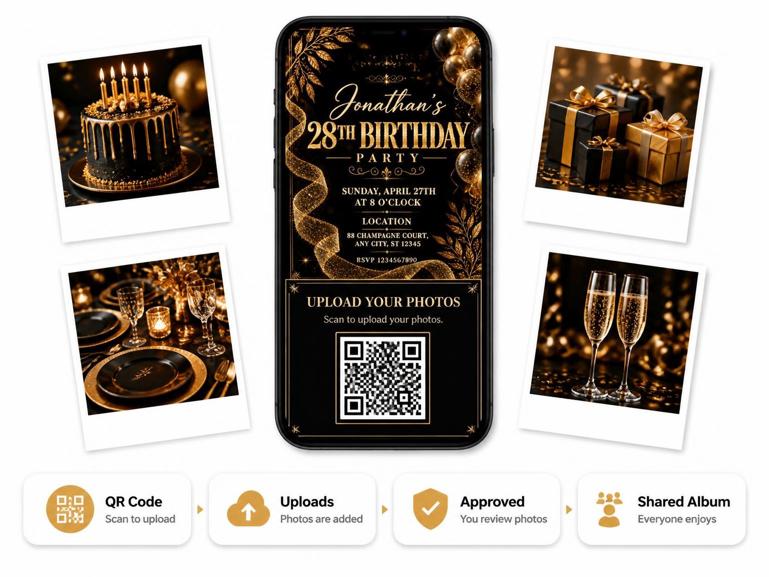 The shared photo gallery that comes with the Black and Gold 28th Birthday Invitation invitation
