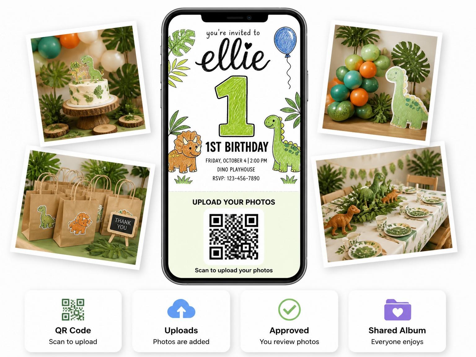 The shared photo gallery that comes with the Crayon Dinosaur Tropical 1st Birthday invitation