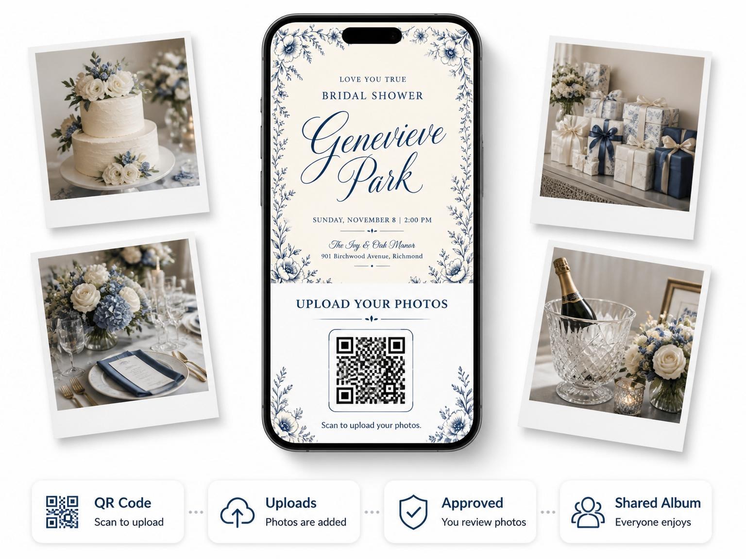 The shared photo gallery that comes with the Navy Botanical Line-Art Bridal Shower invitation
