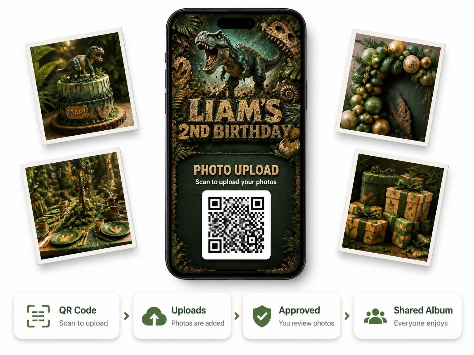 The shared photo gallery that comes with the 3D Stone Jurassic Dinosaur 2nd Birthday invitation