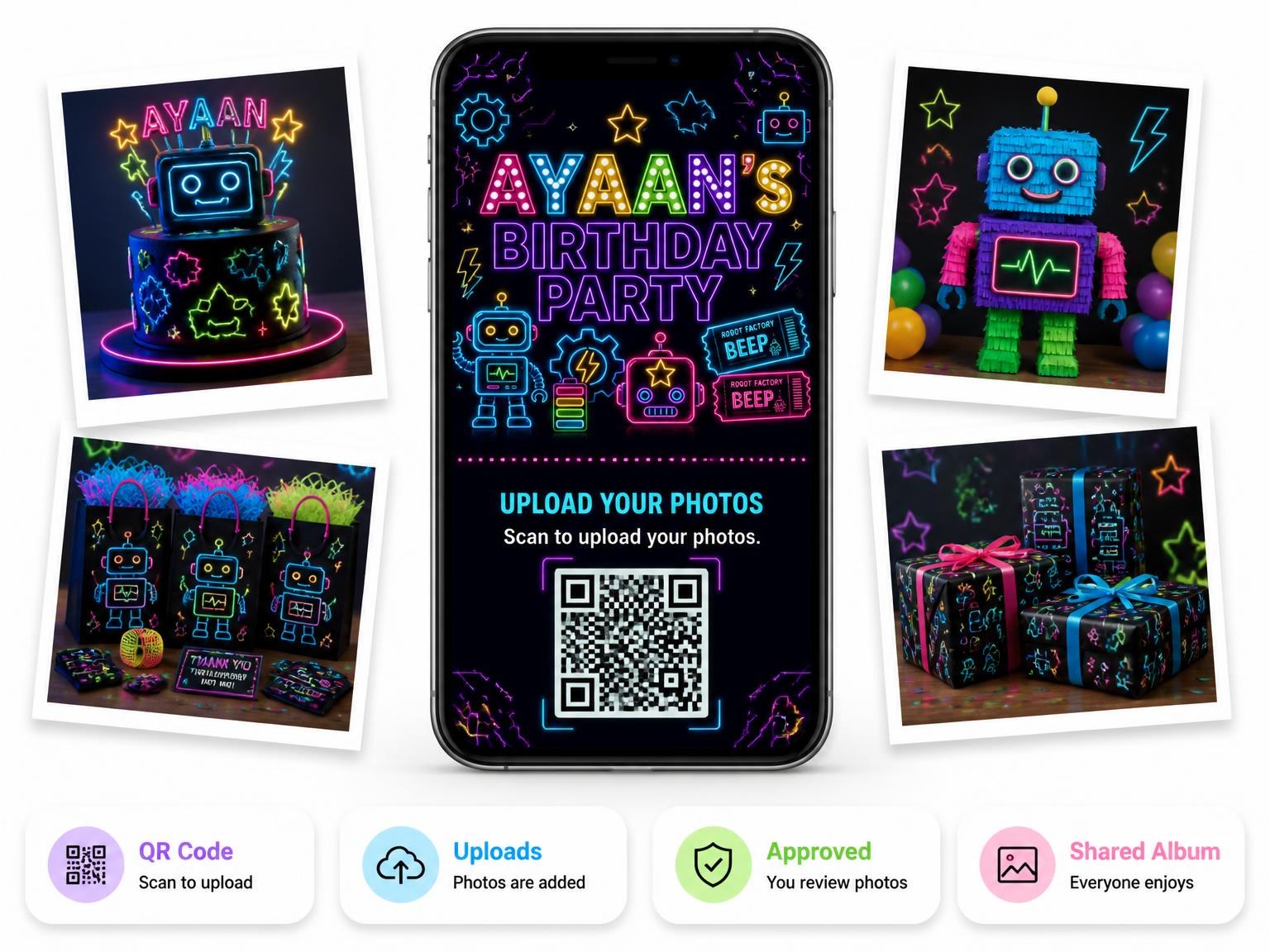The shared photo gallery that comes with the Neon Robots 14th Birthday Invitation invitation