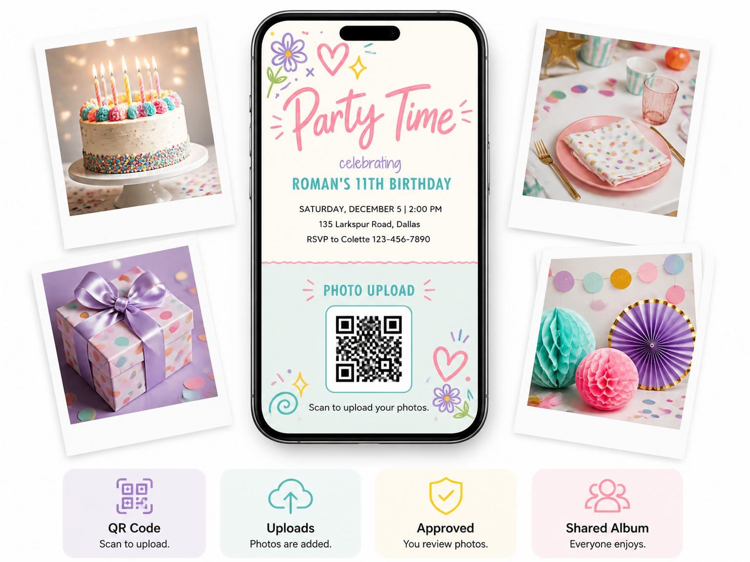 The shared photo gallery that comes with the Cream Doodle Pastel 11th Birthday Party invitation