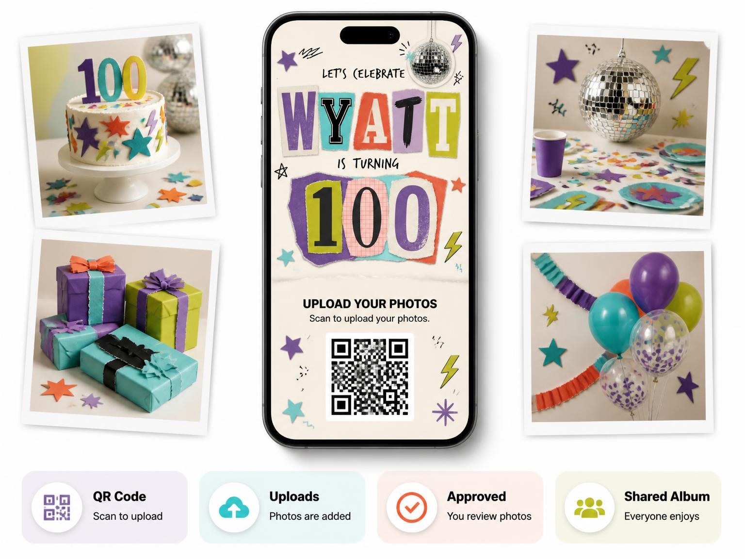 The shared photo gallery that comes with the Retro Paper Collage 100th Birthday Invitation invitation
