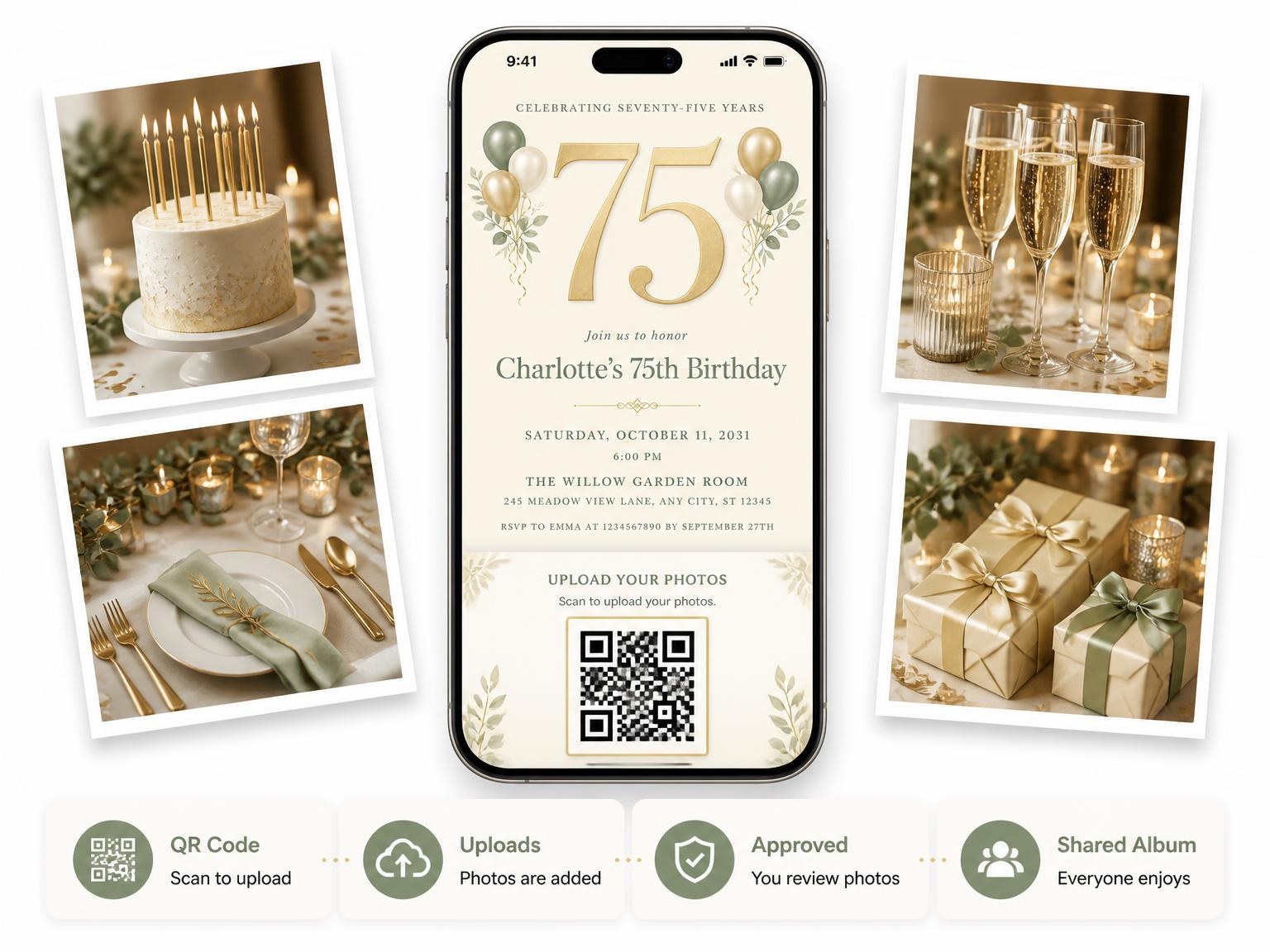 The shared photo gallery that comes with the Sage and Ivory 75th Birthday Invitation invitation