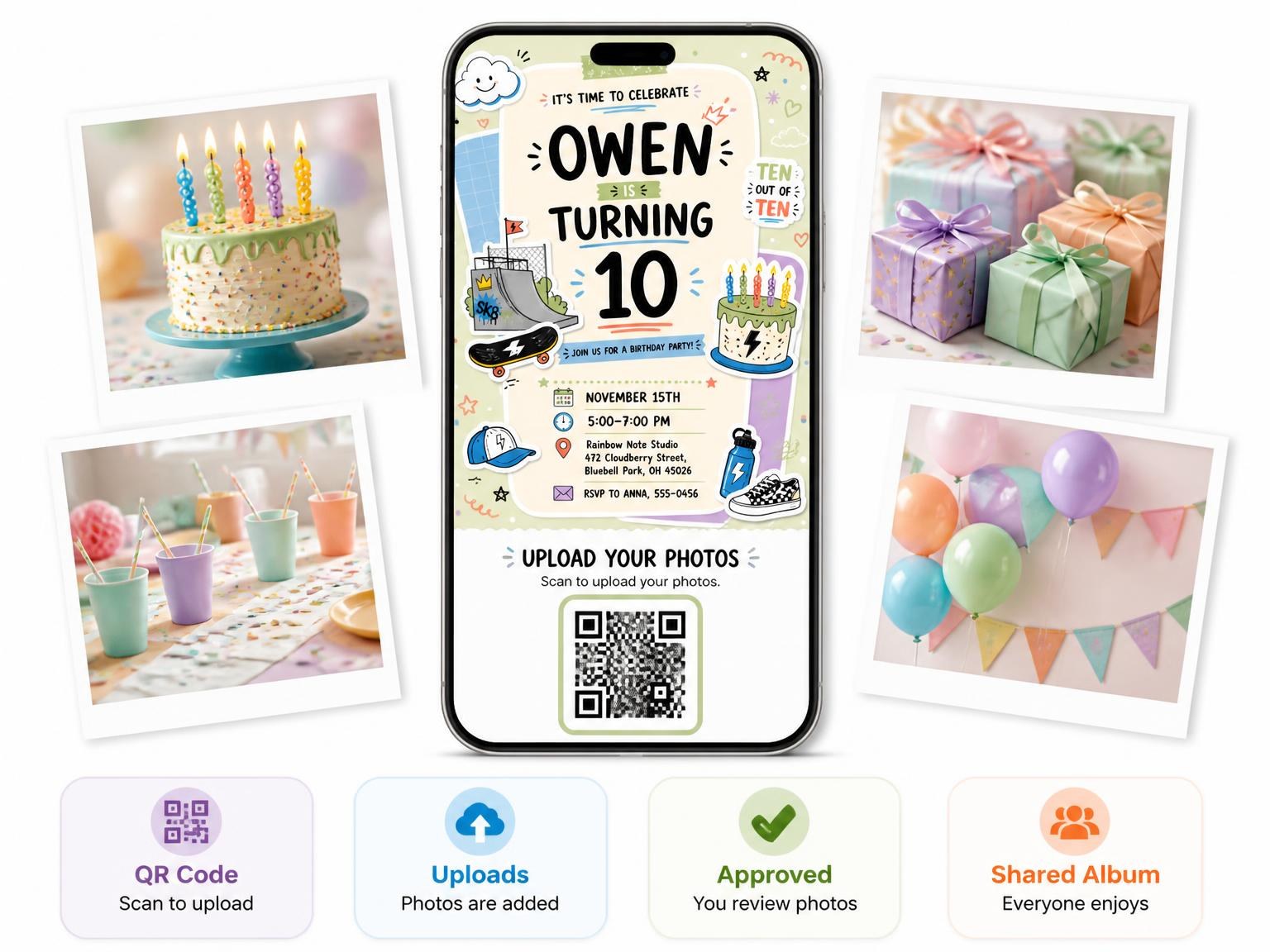 The shared photo gallery that comes with the Halfpipe Ramp Pastel 10th Birthday Invitation invitation