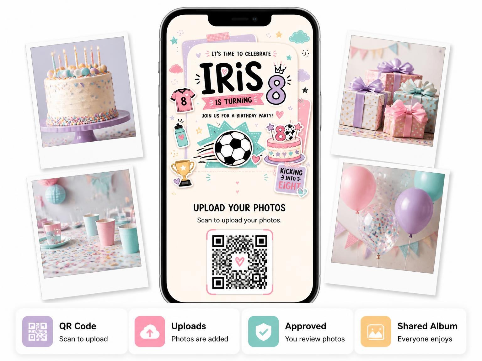 The shared photo gallery that comes with the Soccer Ball Pastel 8th Birthday Invitation invitation