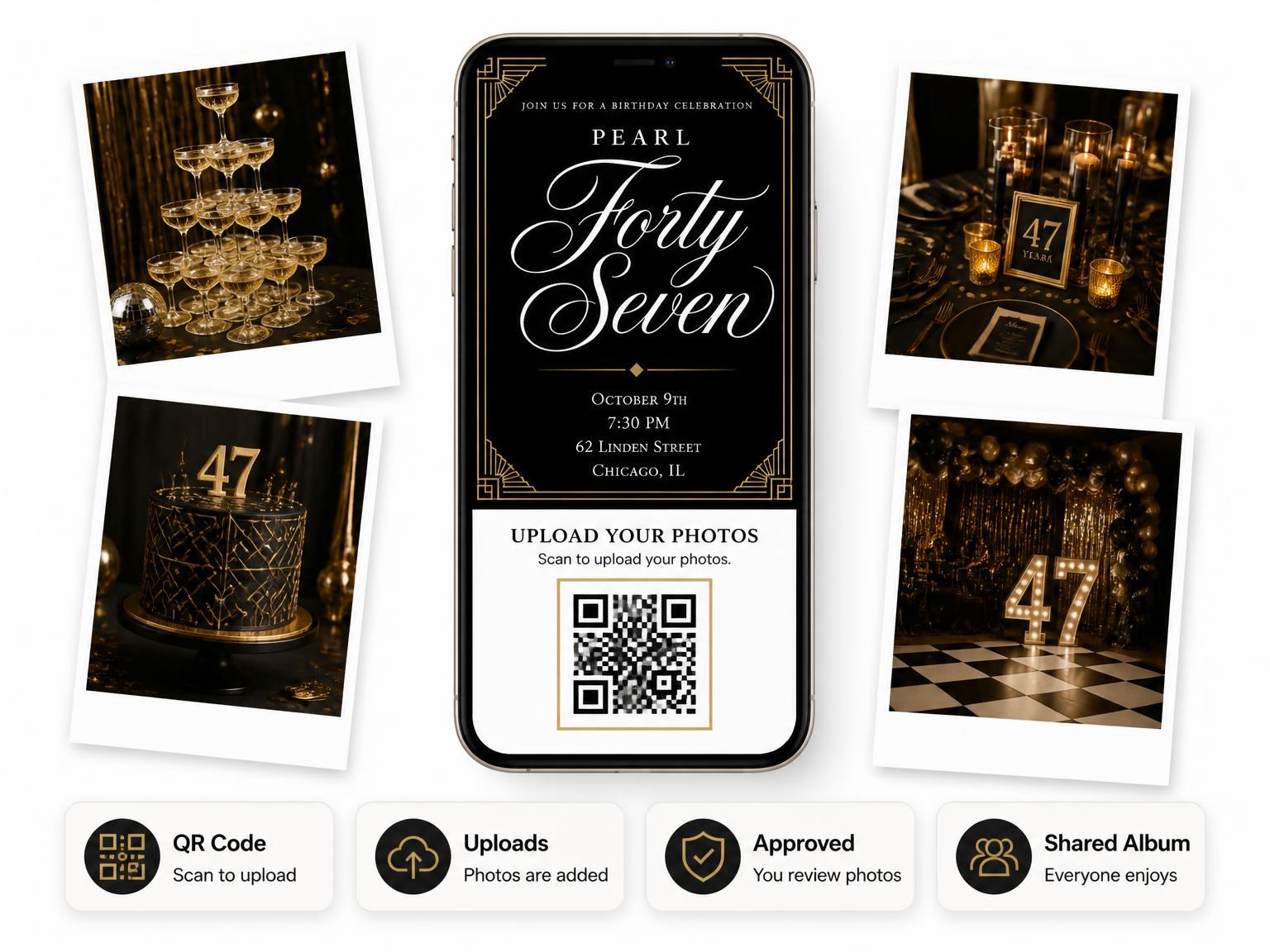 The shared photo gallery that comes with the Art Deco 47th Birthday Invitation invitation