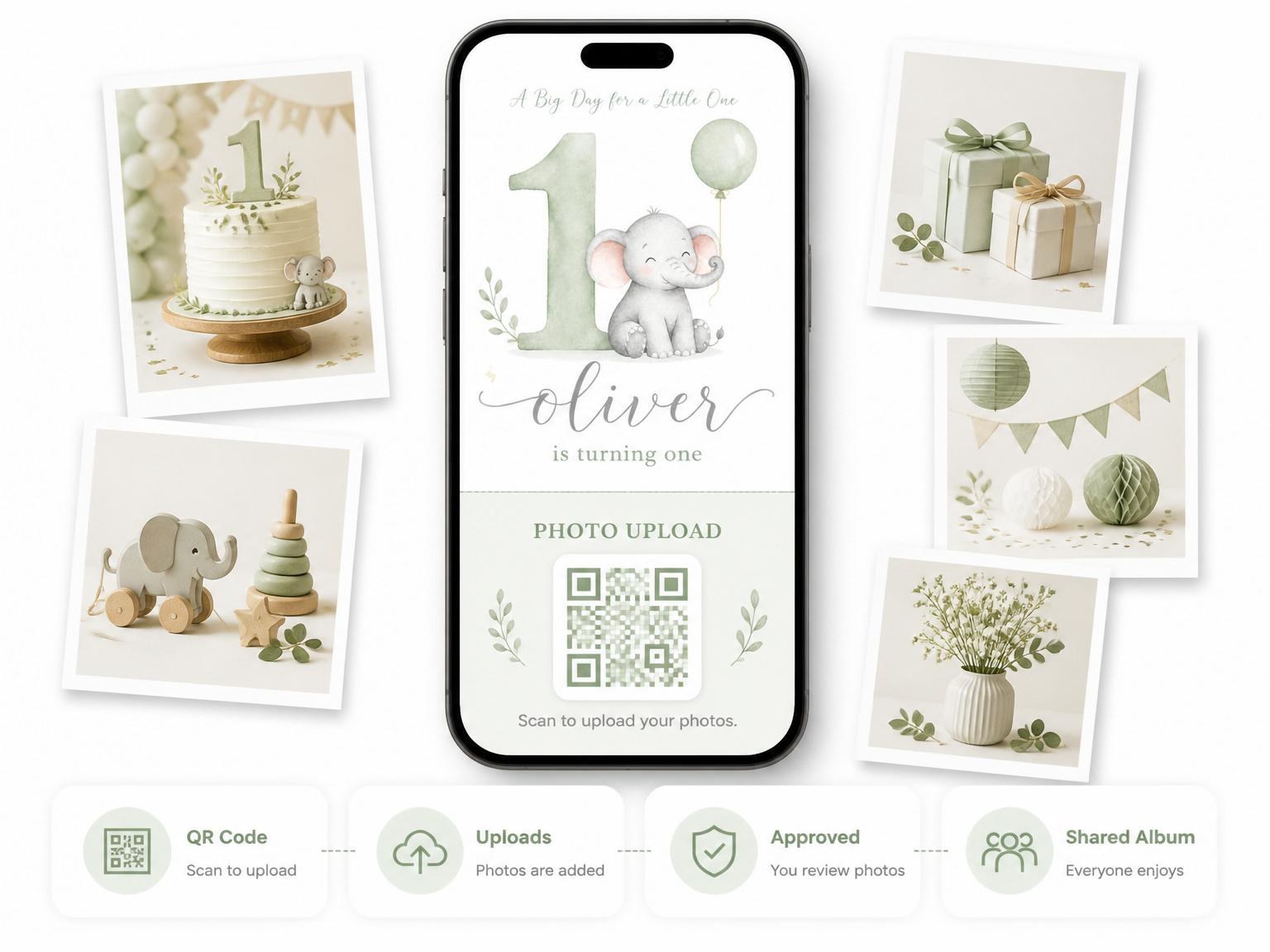 The shared photo gallery that comes with the Sage Watercolor Elephant 1st Birthday invitation