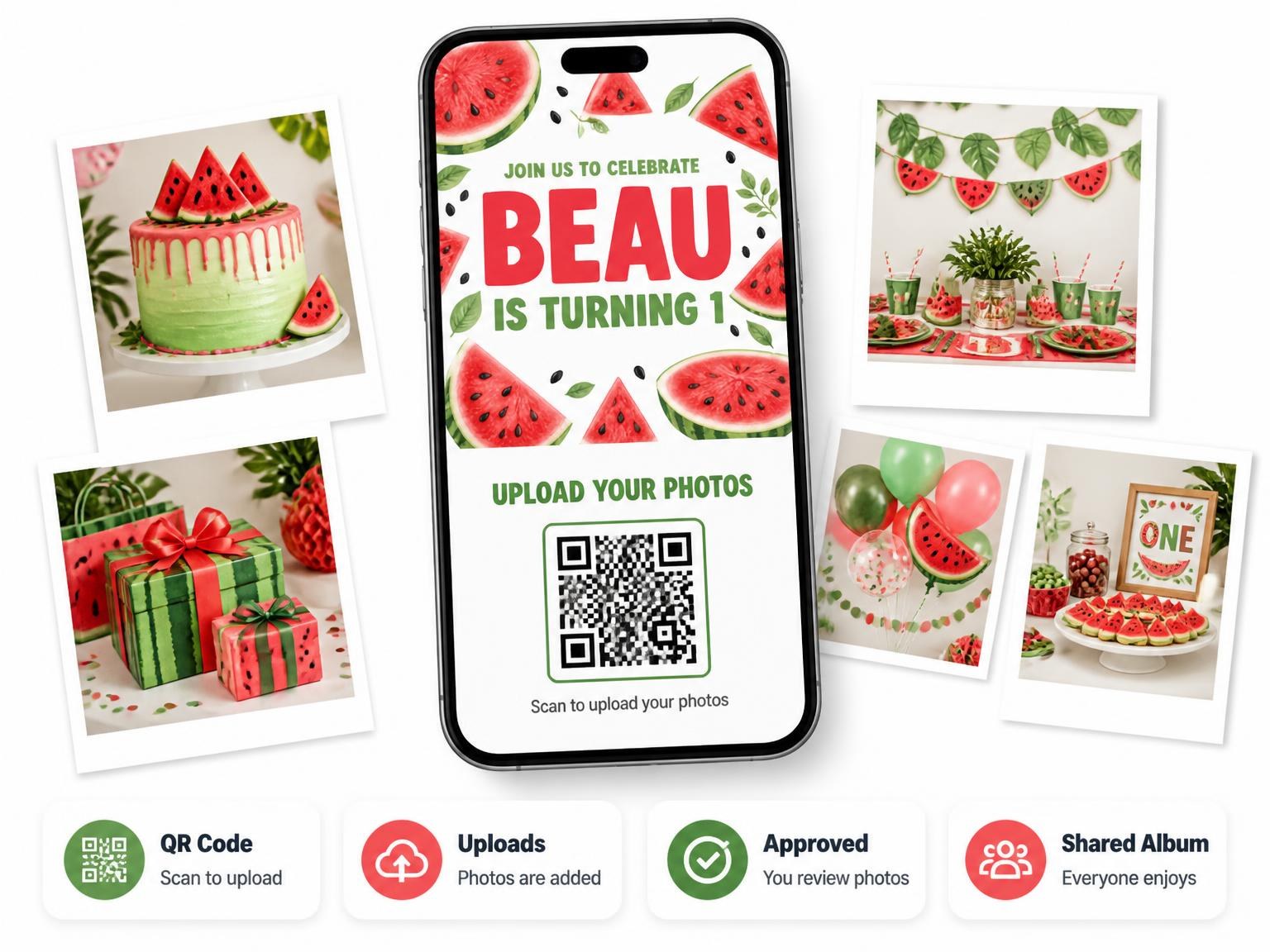 The shared photo gallery that comes with the Watercolor Watermelon Slice 1st Birthday invitation