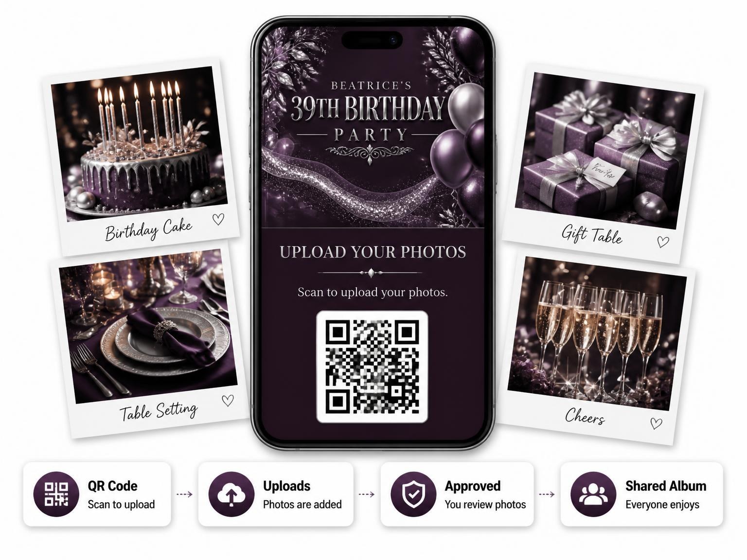 The shared photo gallery that comes with the Plum and Silver 39th Birthday Invitation invitation