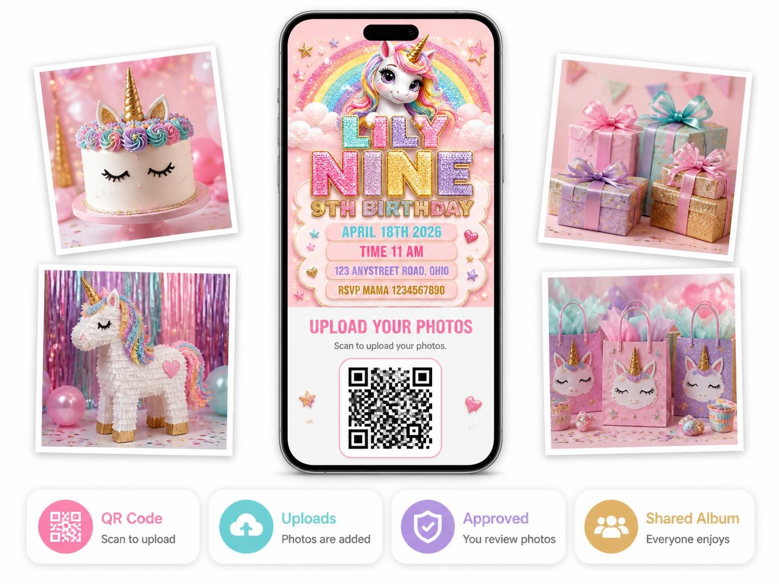 The shared photo gallery that comes with the Glitter Unicorn 9th Birthday Invitation invitation