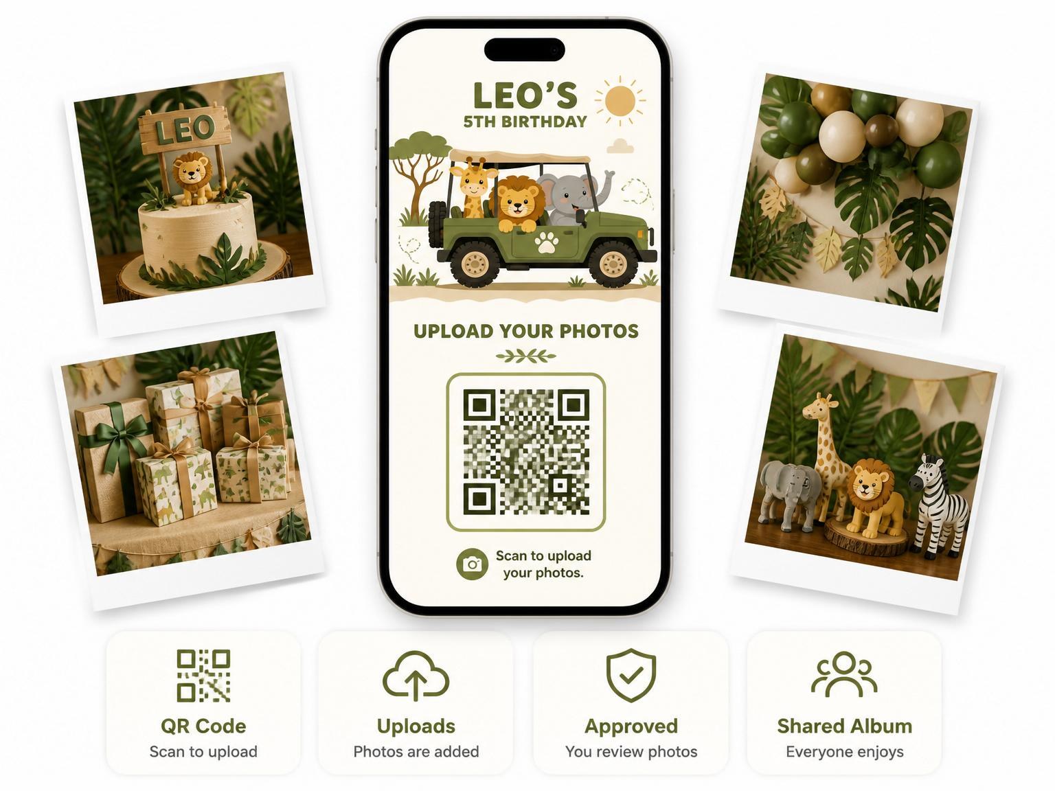 The shared photo gallery that comes with the Olive Jeep Jungle Animal 5th Birthday invitation