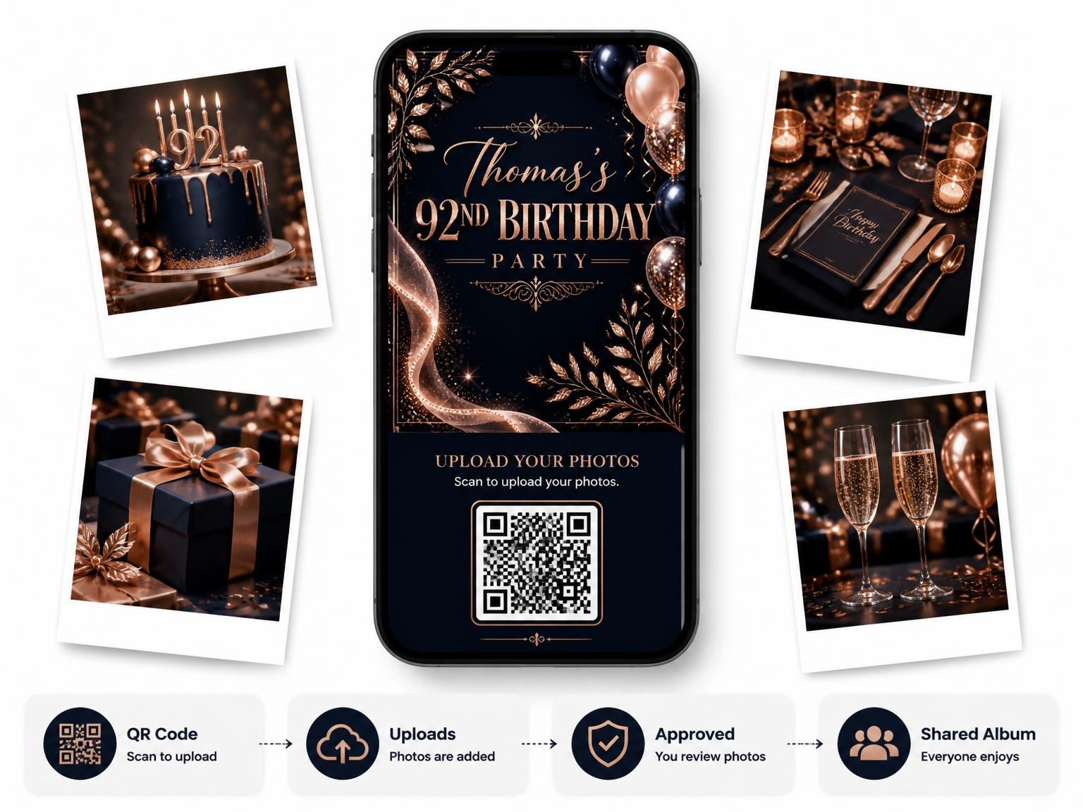 The shared photo gallery that comes with the Navy and Rose Gold 92nd Birthday Invitation invitation