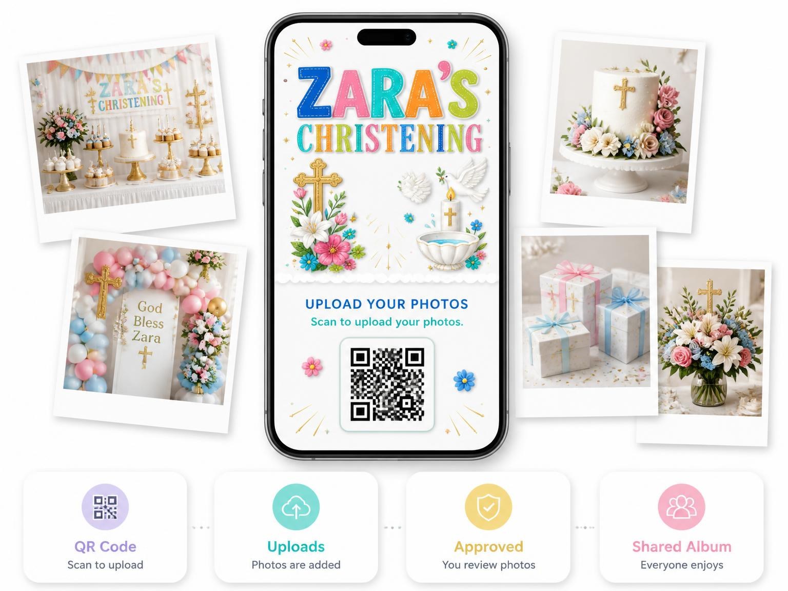 The shared photo gallery that comes with the Gold Christening Invitation invitation