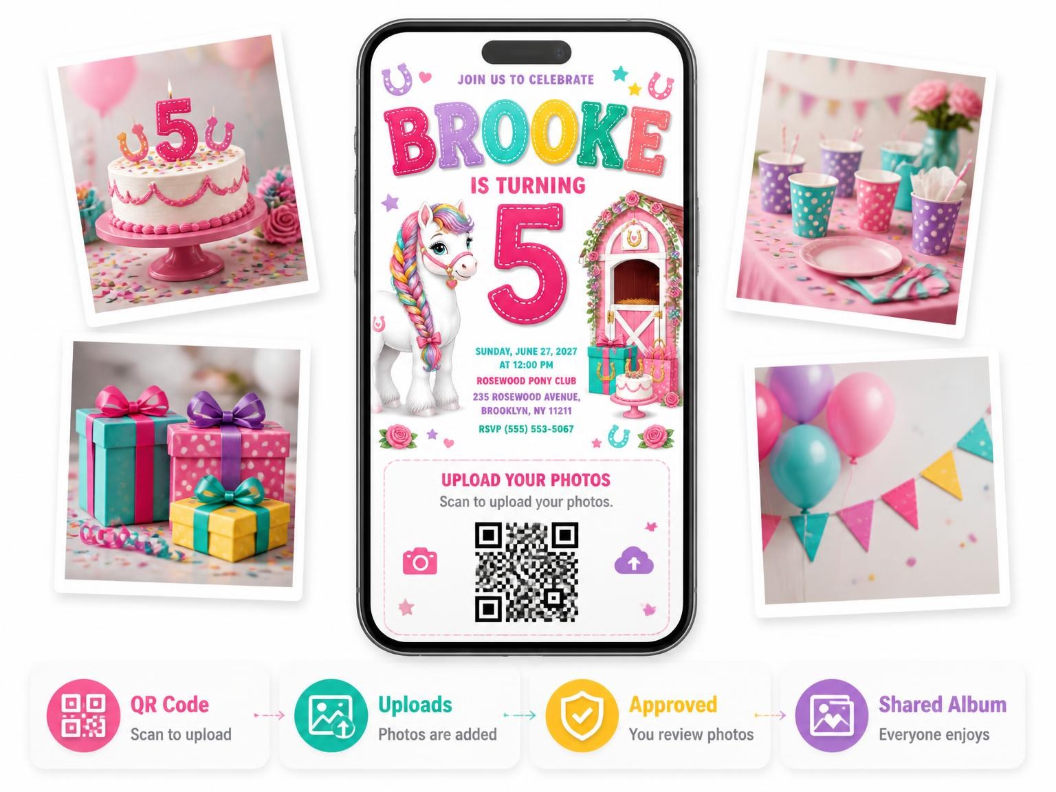 The shared photo gallery that comes with the Stable Setup Stitched 5th Birthday Invitation invitation