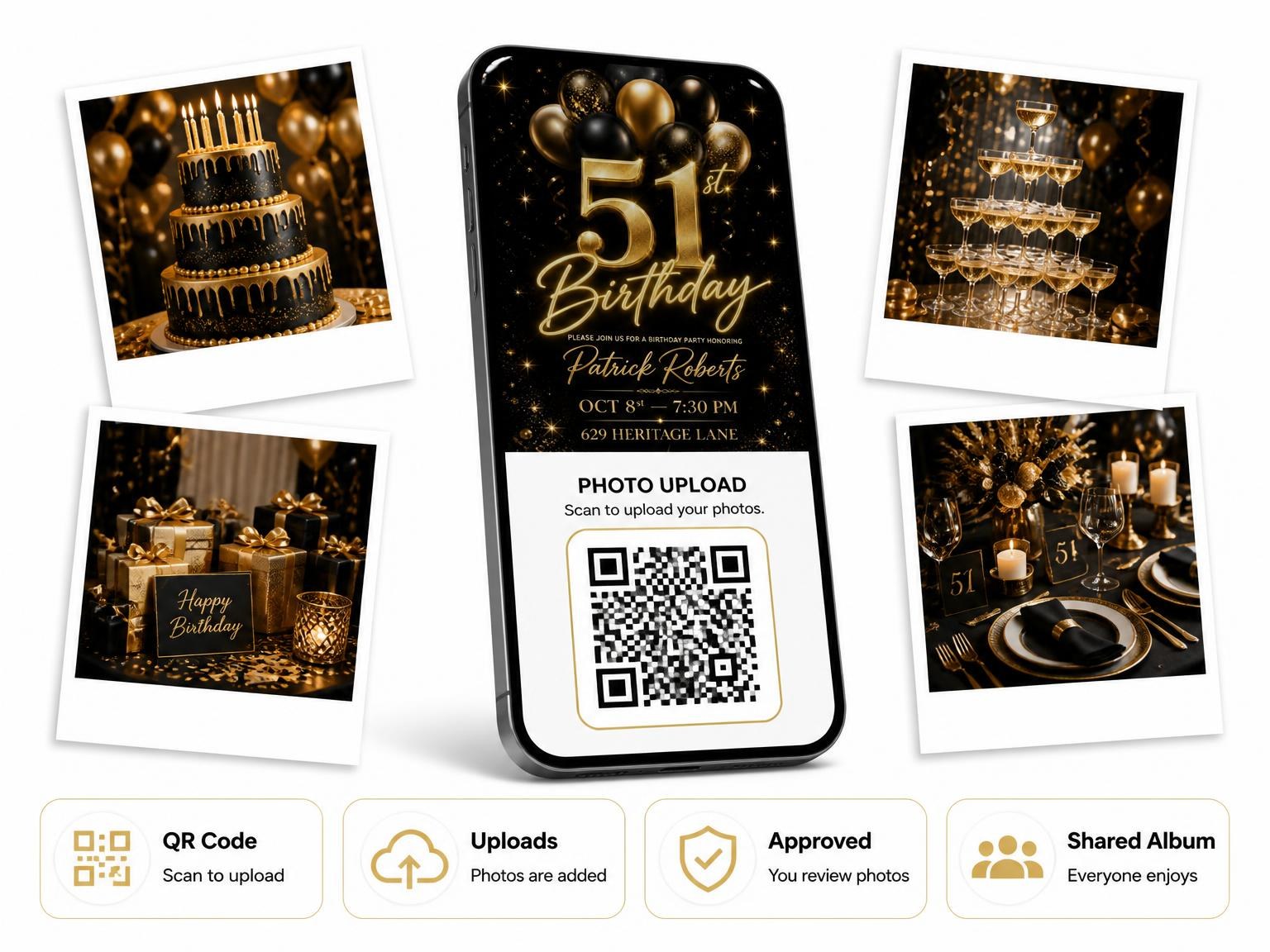 The shared photo gallery that comes with the Black and Gold Balloon 51st Birthday invitation