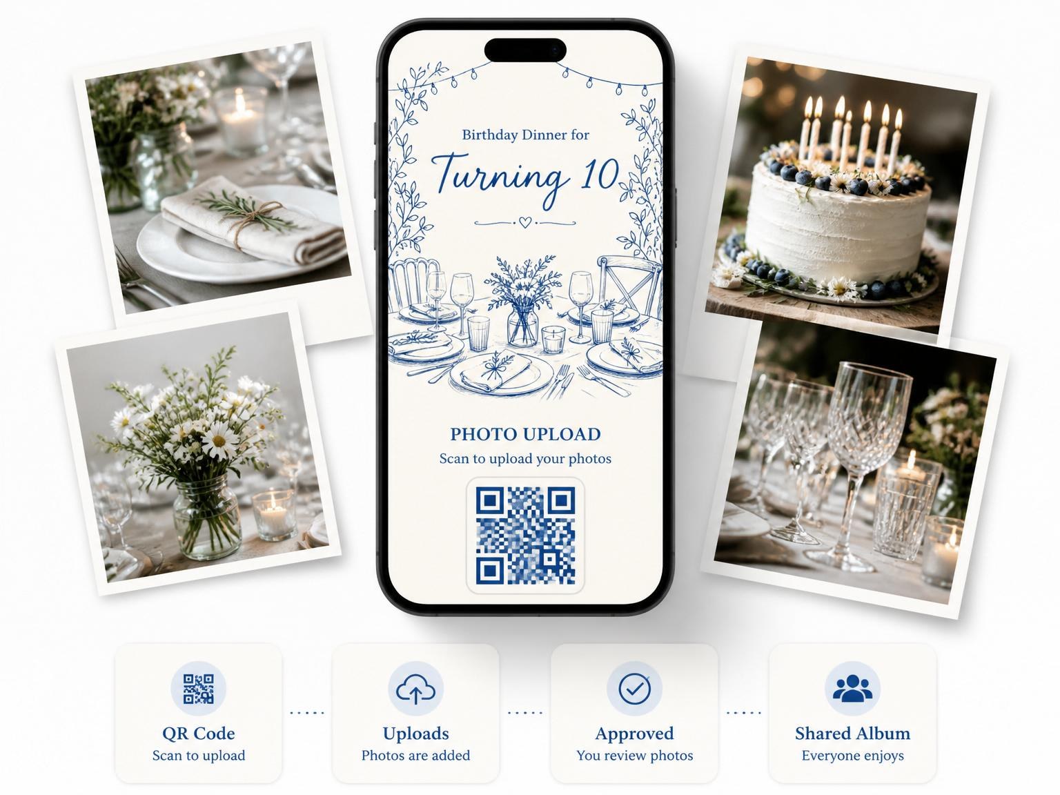 The shared photo gallery that comes with the Blue Ink Table Setting 10th Birthday Dinner invitation