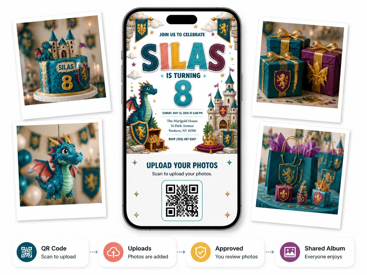 The shared photo gallery that comes with the Stitched Dragon Castle 8th Birthday Invitation invitation
