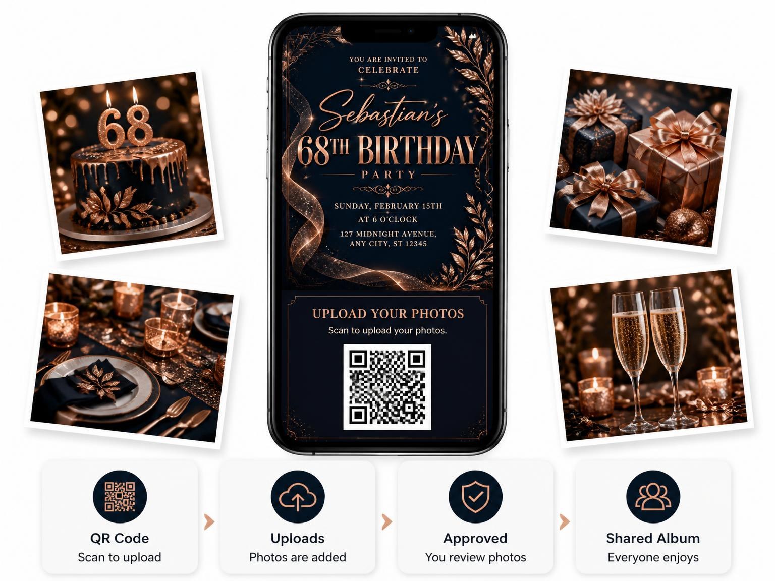 The shared photo gallery that comes with the Navy and Rose Gold 68th Birthday Invitation invitation