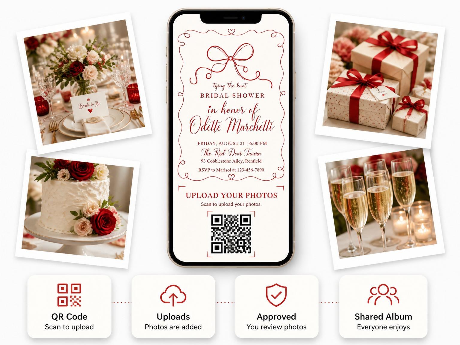 The shared photo gallery that comes with the Red Ribbon Illustrated Bridal Shower invitation