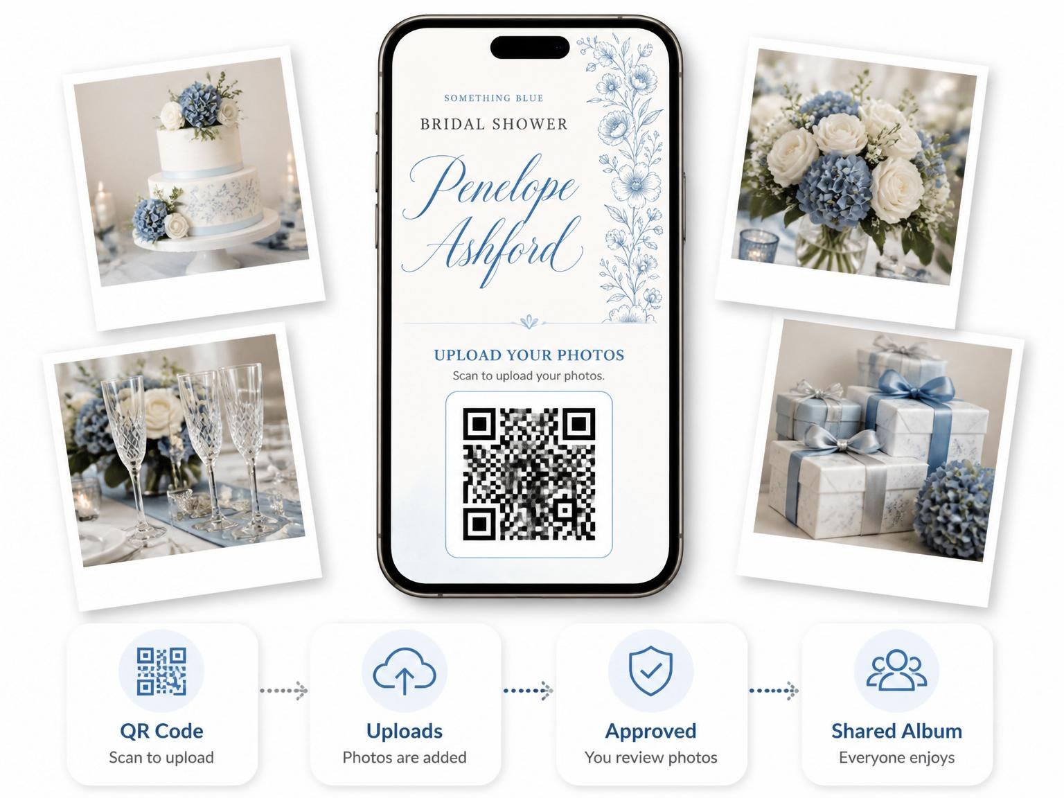 The shared photo gallery that comes with the Blue Botanical Line-Art Bridal Shower invitation