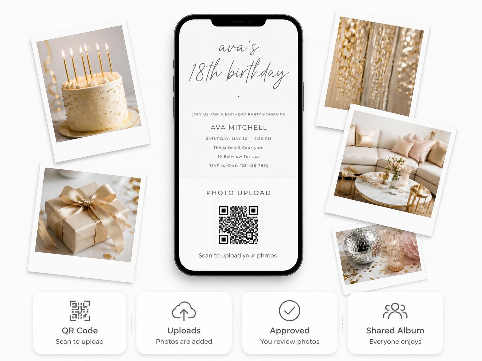 The shared photo gallery that comes with the Minimalist Black and White Birthday invitation