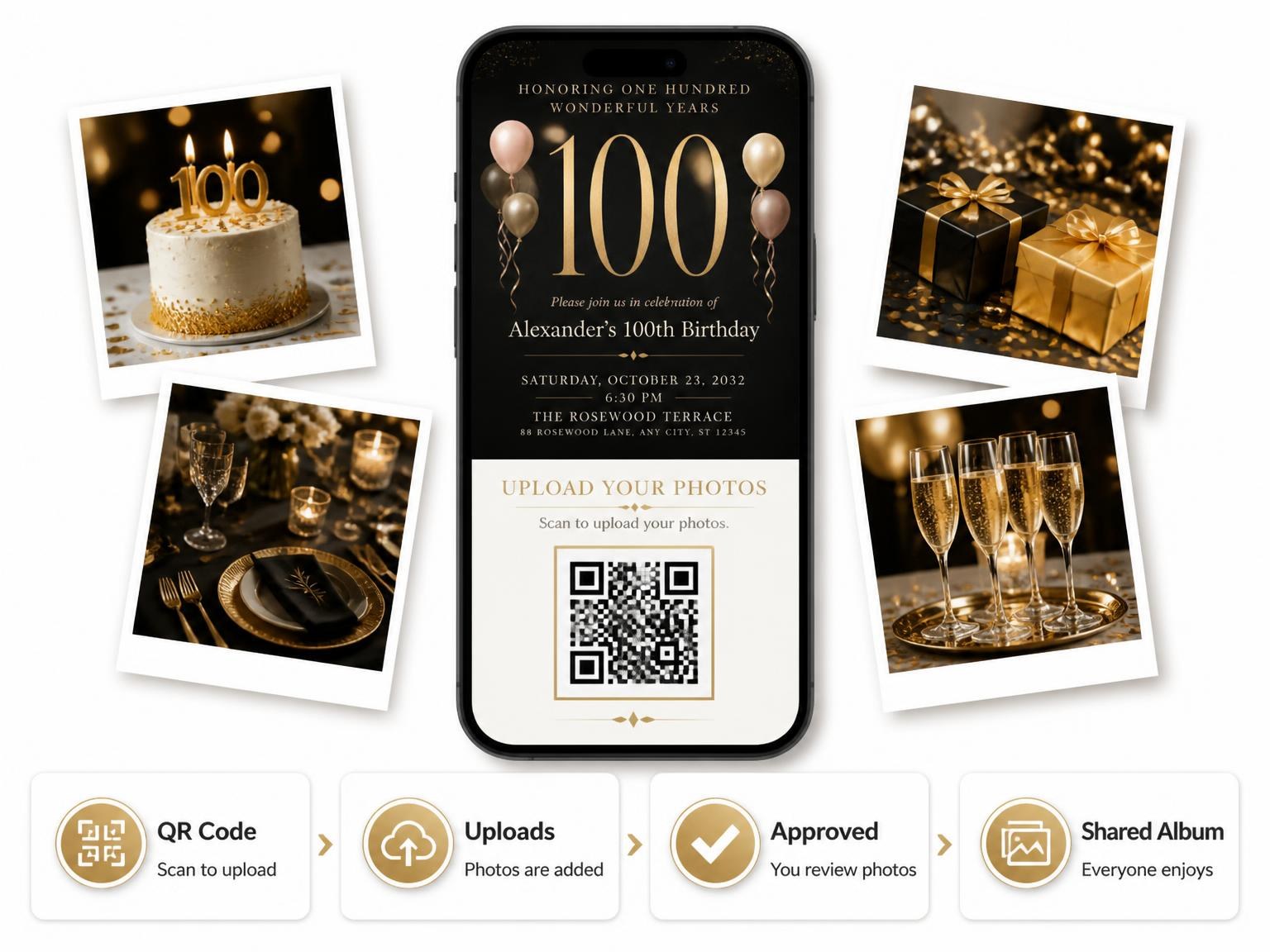 The shared photo gallery that comes with the Charcoal and Blush 100th Birthday Invitation invitation