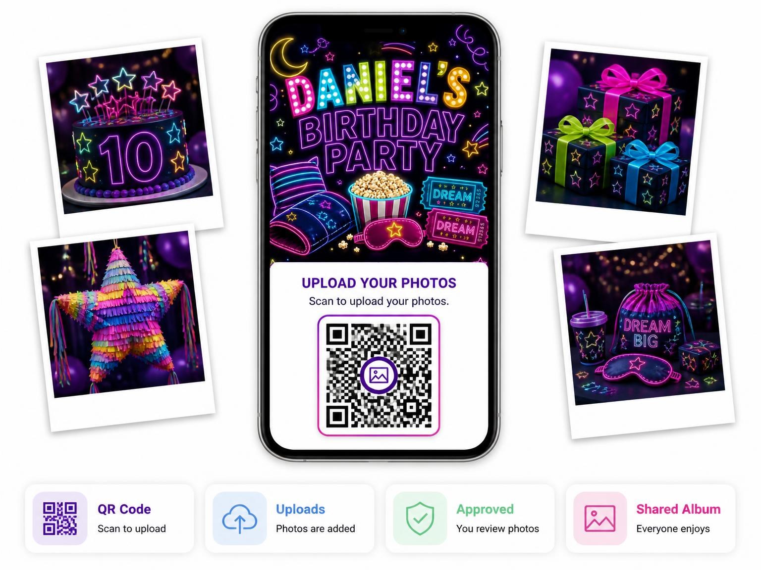 The shared photo gallery that comes with the Neon Pajama 10th Birthday Invitation invitation