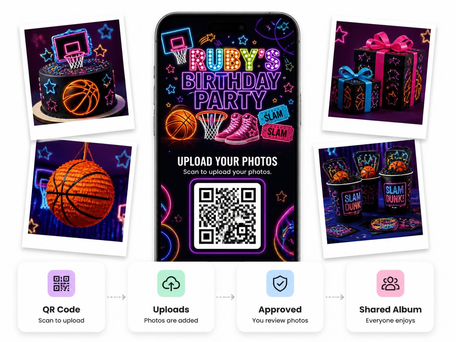 The shared photo gallery that comes with the Neon Basketball 22nd Birthday Invitation invitation