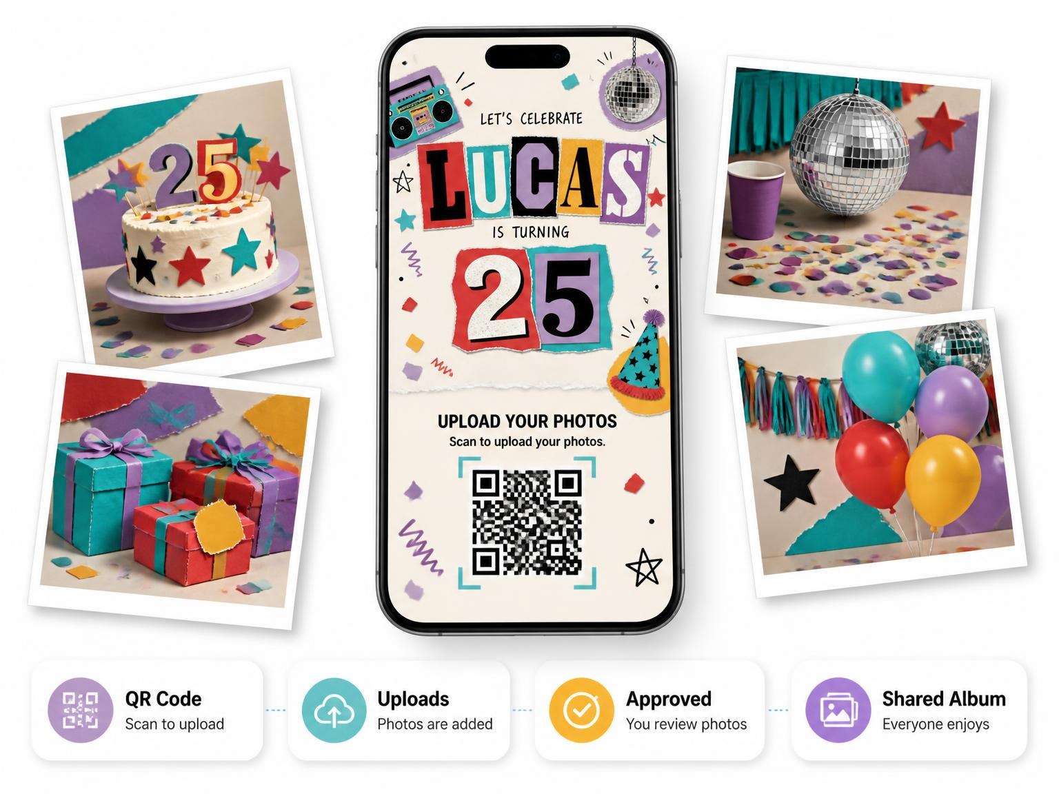 The shared photo gallery that comes with the Retro Paper Collage 25th Birthday Invitation invitation