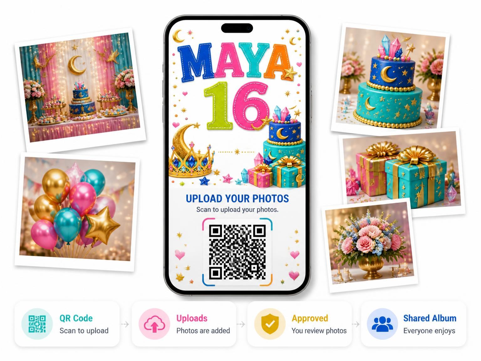 The shared photo gallery that comes with the Celestial Crown Sweet Sixteen Invitation invitation