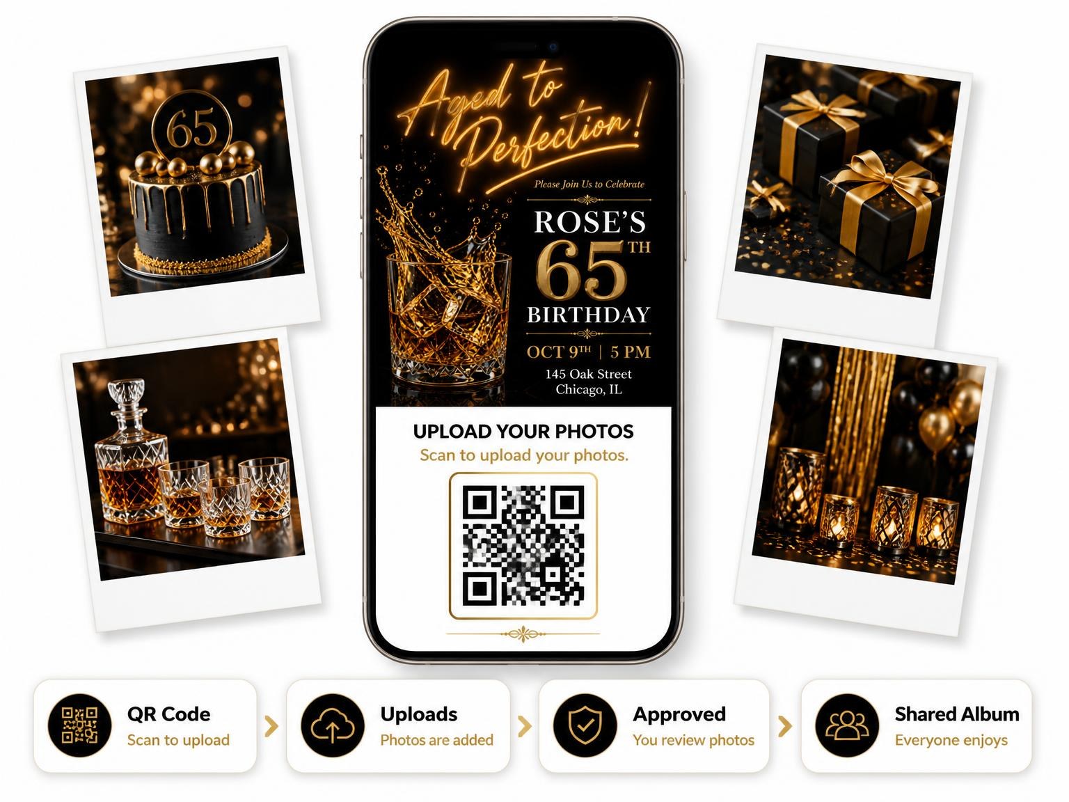 The shared photo gallery that comes with the Whiskey Tumbler 65th Birthday Invitation invitation