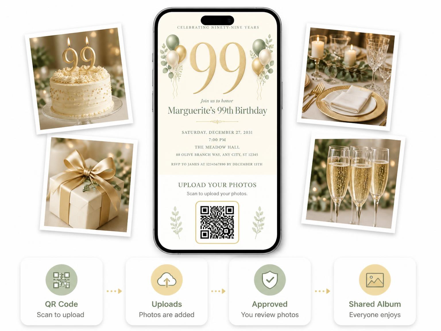 The shared photo gallery that comes with the Sage and Ivory 99th Birthday Invitation invitation