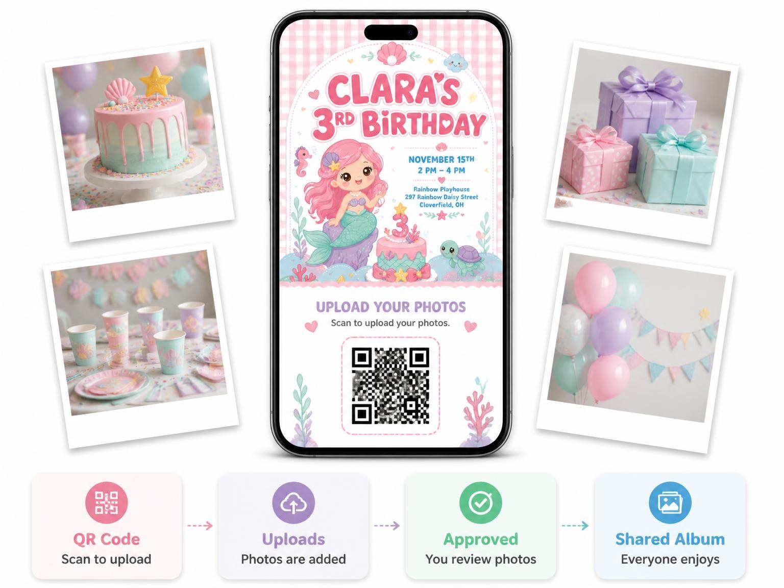The shared photo gallery that comes with the Mermaid Kawaii Pastel 3rd Birthday Invitation invitation