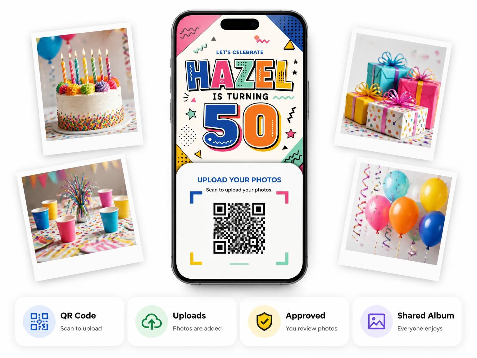 The shared photo gallery that comes with the Memphis Pop 50th Birthday Invitation invitation
