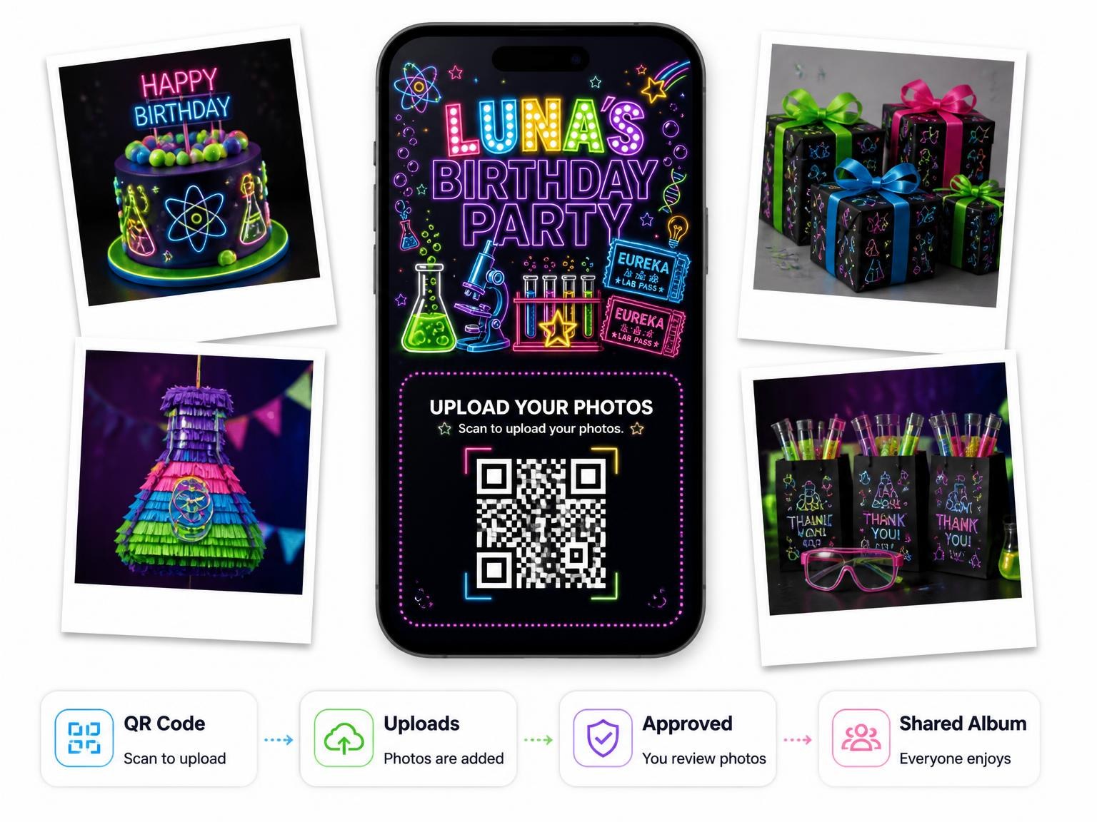 The shared photo gallery that comes with the Neon Science Lab 13th Birthday Invitation invitation