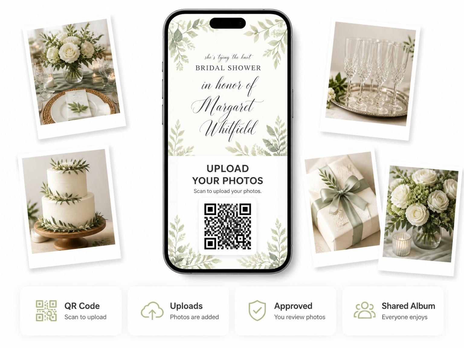 The shared photo gallery that comes with the Watercolor Botanical Bride Bridal Shower invitation